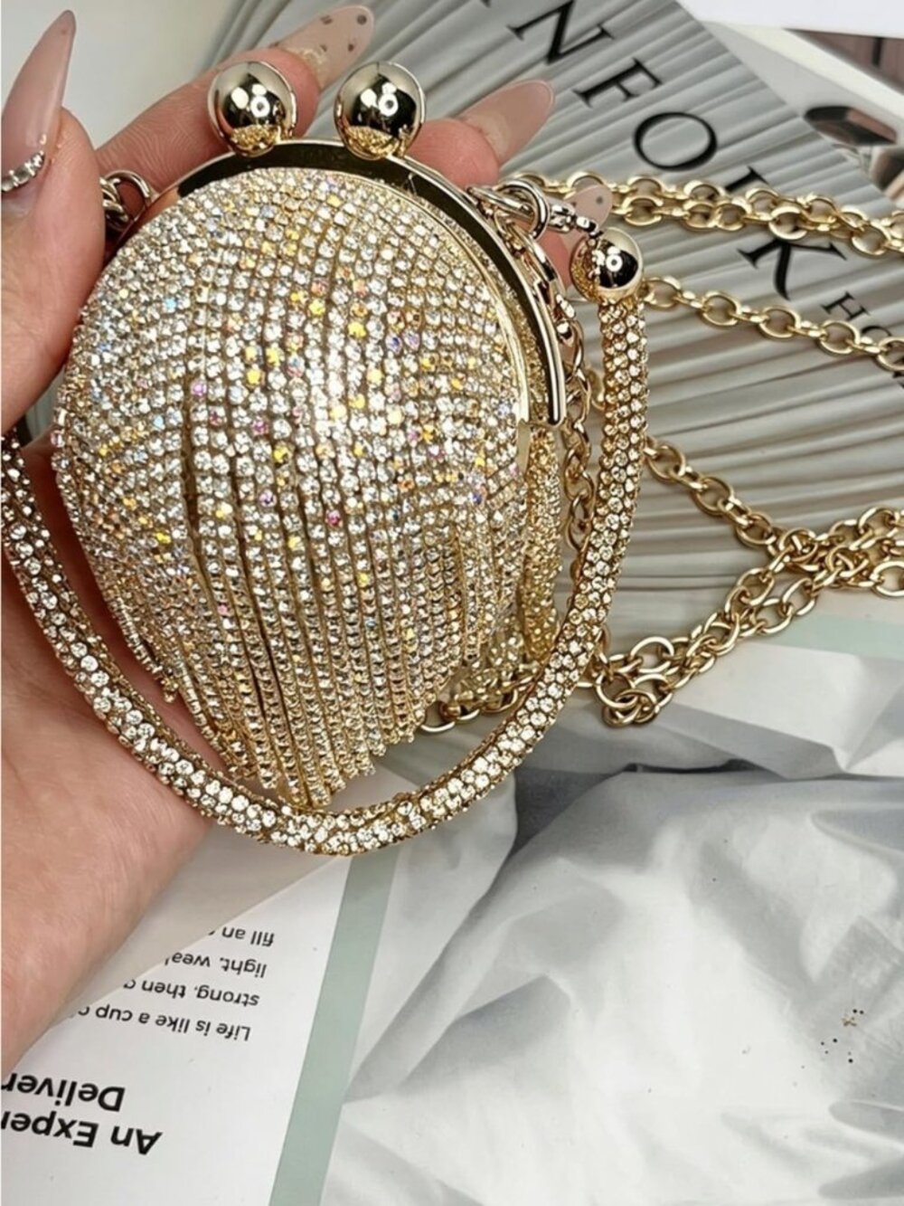 Crystal Fringe Teardrop Evening Bag with Gold Chain Strap
